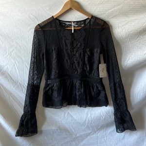 Free People NWT black lace and mesh peplum blouse